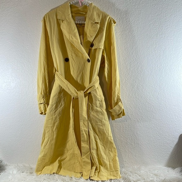 A New Day Women's Button Up Linen Trench Coat Jacket Yellow Linen/Rayon Pockets - Picture 2 of 14